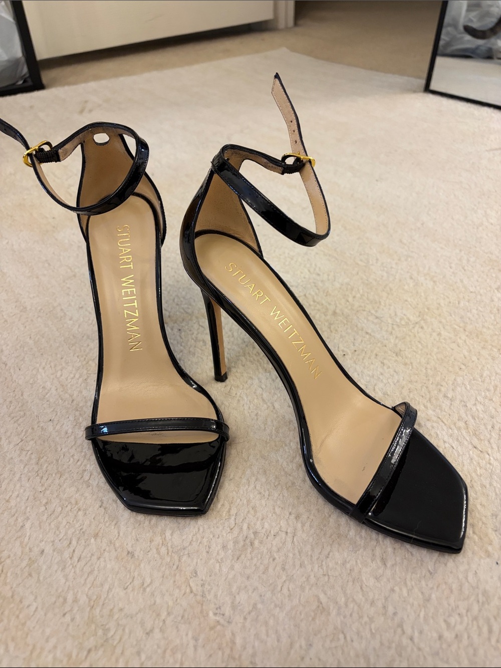 Stuart Weitzman Black Patent Ankle-Strap Stiletto Sandals